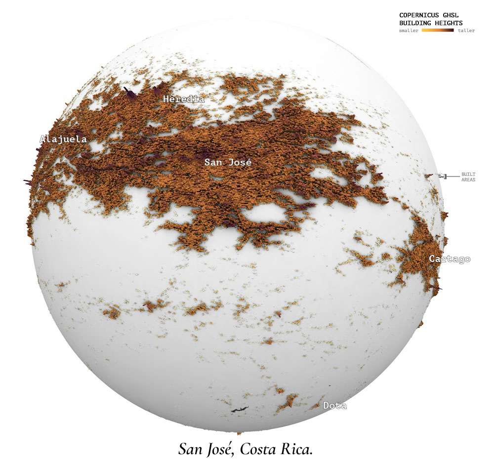 A map of the central valley of Costa Rica showing built areas as an sphere rendering
